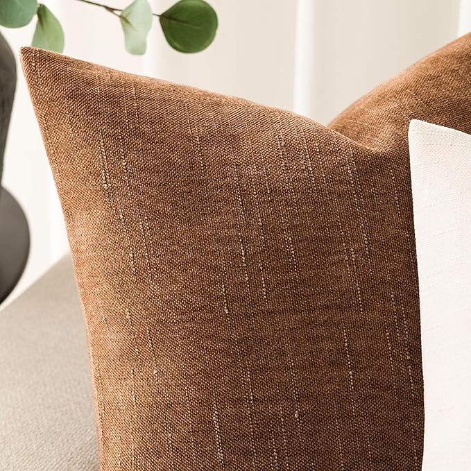 Foindtower Pack of 2 Soft Textured Chenille Throw Decorative Pillow Covers Square Accent Solid Cushion Cover Cozy Farmhouse Pillow Case with Zippe for Couch Sofa Bed Living Room 24x24 Inch, Bronze