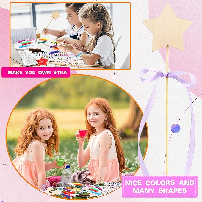 72 Pcs Unfinished Star Princess Fairy Wands Kit Make Your Own Princess Wand DIY Art Craft Magical Wand Include 24 Star Wooden Fairy Wands 12 Gem Stickers 24 Ribbons 12 Markers for Kids Party Supplies
