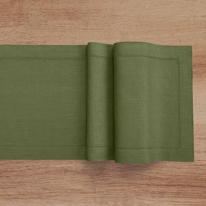 Solino Home Linen Olive Table Runner 120 Inches Long - 100% Pure Linen Hemstitch 14 x 120 Inch Table Runner for Dining, St Patricks Day - Classic Hemstitch