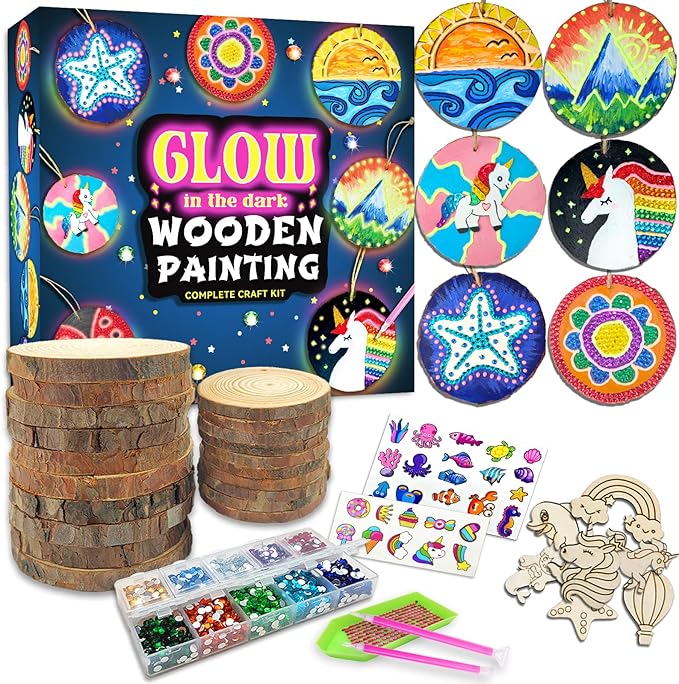 klmars Kids Wooden Painting Kit-Glow in The Dark-Arts & Crafts Gifts for Boys Girls Ages 5-12-Craft Activities Kits - Creative Art Toys for 5, 6, 7, 8, 9, 10, 11 & 12 Year Old Kids