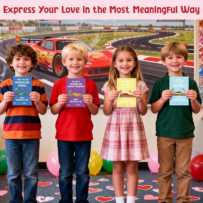 TICIAGA 144pcs Valentine’s Day Racing Car Greeting Cards with Envelop and Sticker for Kid, 4 x 6 IN Adorable Race Car Notecard Exchange Gift for Boy Girl School Classroom Supply, Valentines Party Favor