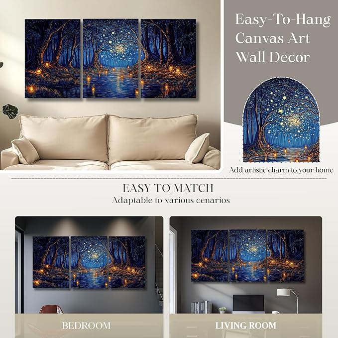 Oxzcimty Van Gogh Wall Art, Noche Estrellada De Van Gogh, Starry Night Canvas Wall Art for Bathroom, Living Room, Office, Bedroom (24" x 36" x 3 pcs)