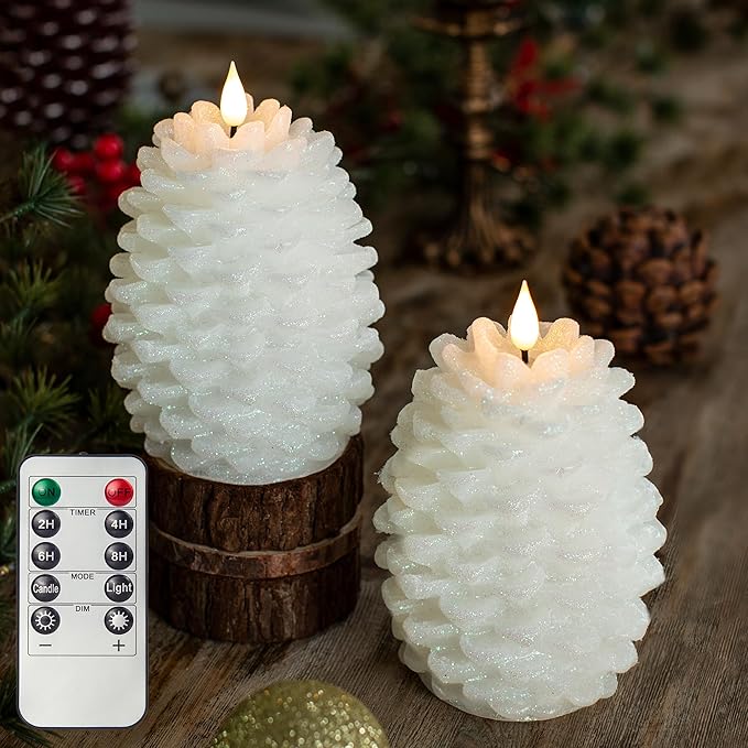 Pinecone Flameless Candles with Remote Timer, 2 Pack Real Wax Battery Operated LED Candles for Christmas Decorations, Rustic Holiday Table Centerpieces, Winter Home Décor White