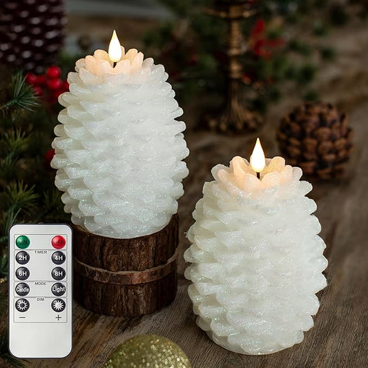 Pinecone Flameless Candles with Remote Timer, 2 Pack Real Wax Battery Operated LED Candles for Christmas Decorations, Rustic Holiday Table Centerpieces, Winter Home Décor White