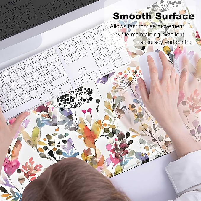 Watercolor Flowers Pink Large Mouse Pad with Stitched Edges, Floral Patterns Big Mousepad for Desk. Premium-Textured Mouse Mat, Non-Slip Rubber Base Mousepad for Laptop, Computer & Pc