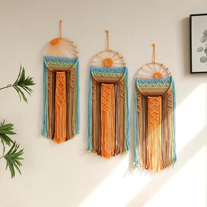 3 Pack Macrame Wall Hanging Tapestry Sunrise Sunset Wall Art Set, Hand Woven Boho Tapestries Colorful Sun Wall Decor for Bedroom Living Room Apartment (3 Pcs)