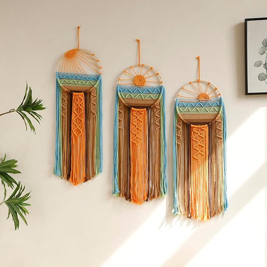 3 Pack Macrame Wall Hanging Tapestry Sunrise Sunset Wall Art Set, Hand Woven Boho Tapestries Colorful Sun Wall Decor for Bedroom Living Room Apartment (3 Pcs)