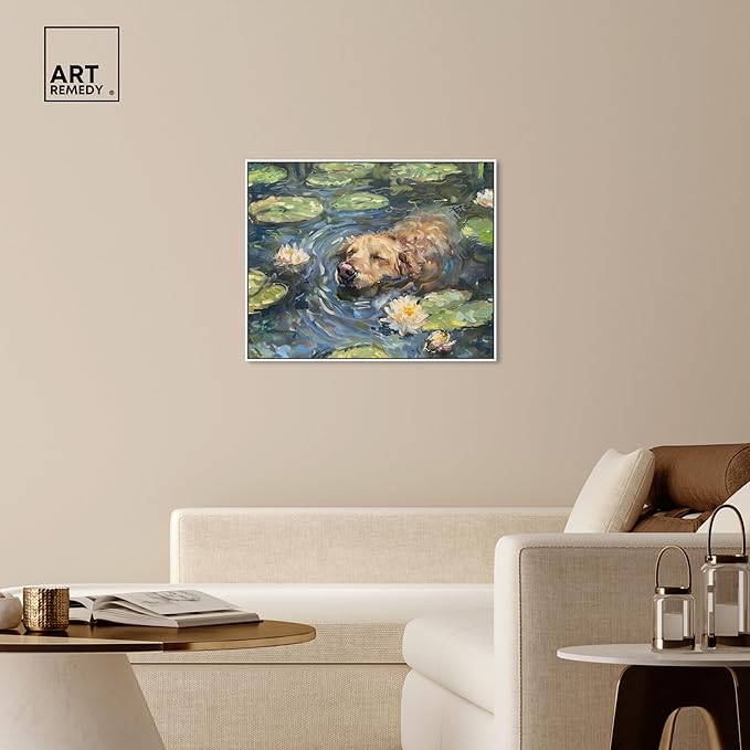 Art Remedy Monet Water Lilies Dog Rustic Chic Farmhouse Canvas Wall Art, White Floater Frame, 36"x30"