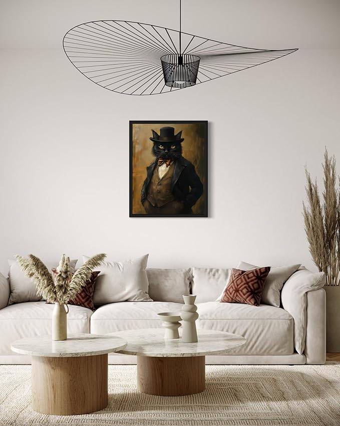 Gangster Cat Art Poster Print, Cat Kitten Painting Humor Portrait Pet Artwork Decor Gallery A8 (11 x 14 inches, Black Frame)