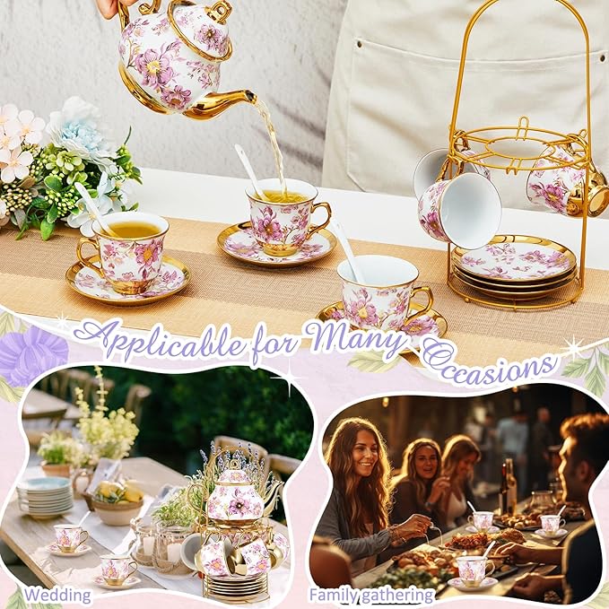 Zhehao 20 Pcs Porcelain Tea Set with Metal Holder and Spoon Adult Ceramic Tea Set European Flower Painting Teapot Cup Saucer Spoon for Women, Large Version(Purple Style)