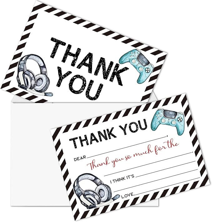 Video Games Kids Thank You Cards, Gamer Thank You Card For Birthday Party, Kids Birthday Cards Fill In The Blank, 20 Pack Greeting Cards With Envelopes For Boys And Girls, 005