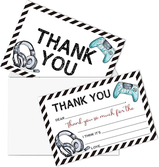 Video Games Kids Thank You Cards, Gamer Thank You Card For Birthday Party, Kids Birthday Cards Fill In The Blank, 20 Pack Greeting Cards With Envelopes For Boys And Girls, 005