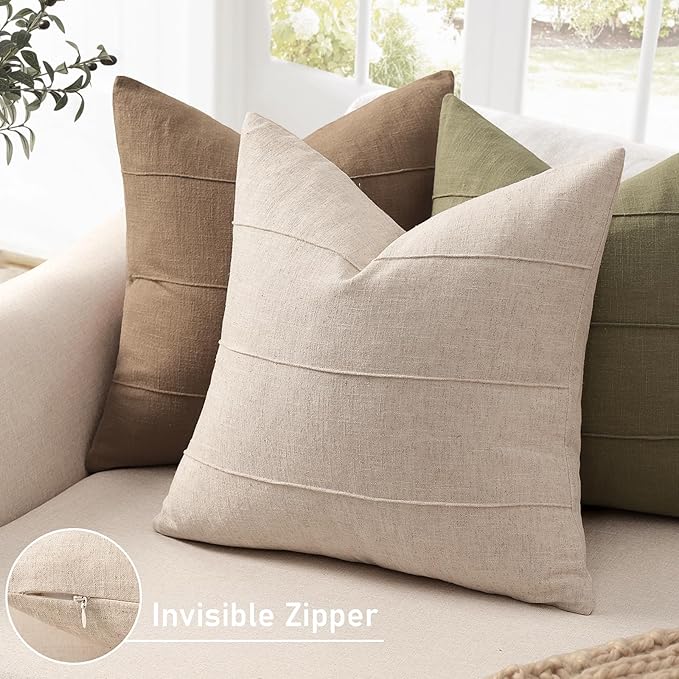 Decorative Linen Throw Pillow Covers 22x22 Set of 2 Solid handcrafted Striped Throw Pillows for Bed Soft Modern Farmhouse Neutral Pillowcase for Couch Bedroom Living Room Home Decor(Natural Beige)