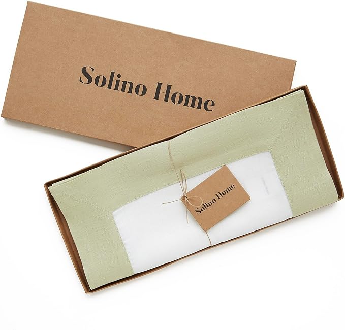Solino Home Linen Table Runner 108 Inches Long - 100% Pure Linen Sage Green and White Dining Table Runner 14 x 108 Inch for Winter, Spring, Easter, St Patricks Day - Contempo
