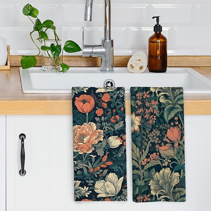 Vintage Cottagecore Floral Kitchen Dish Towels, Retro Rustic Midcentury Modern Wildflower Botanical Hand Towels Kitchen Tea Towels Decorations, Boho Flowers Bathroom Decor, 16x24inch Set of 2
