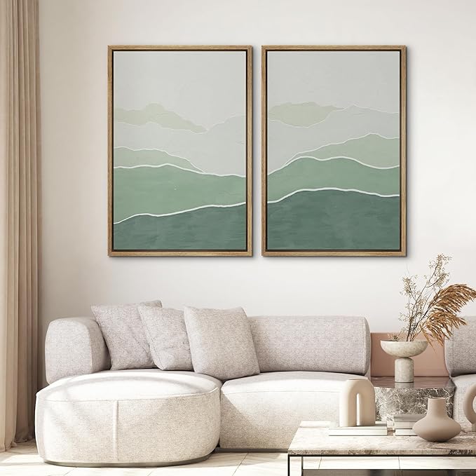SIGNWIN Framed Wall Art Print Set Green Gradient Wave Landscapes Abstract Shapes Illustrations Modern Art Bohemian Relax/Calm Multicolor for Living Room, Bedroom, Office - 16"x24"x2 Natural