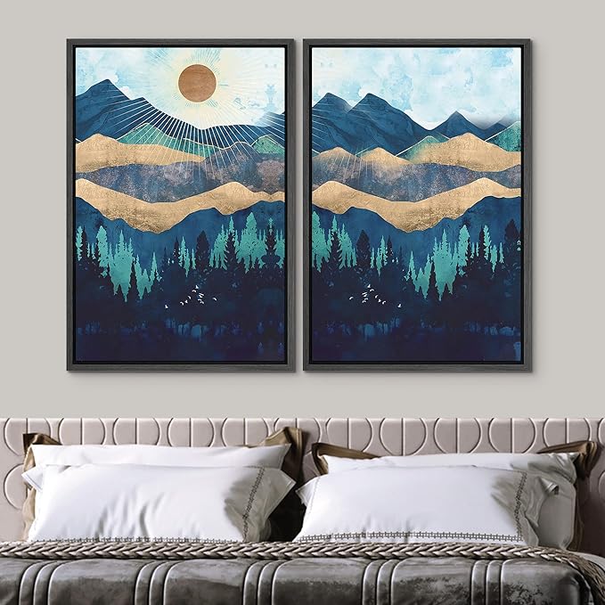 SIGNWIN Framed Canvas Print Wall Art Set Gold Blue Geometric Mountain Forest Landscape Nature Wilderness Illustrations Modern Art Scenic Colorful for Living Room, Bedroom, Office - 24"x36"x2 Black