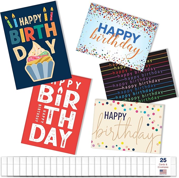 Happy Birthday Cards with Envelopes (25 Variety Pack – 5 Designs) Creative Bulk Birthday Card Set for Family & Business (5x7 inch – A7) Office, Work, Coworkers, Employees, Clients (VP2410) Made in USA