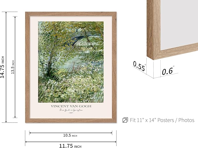 Monem Art Vintage Van Gogh Poster - Retro Impressionist Print - River Bank in Springtime, Flowers, Landscape - Gift for Artist, Friend - Wall Decor for Home, Office, 11x14 Beige Framed