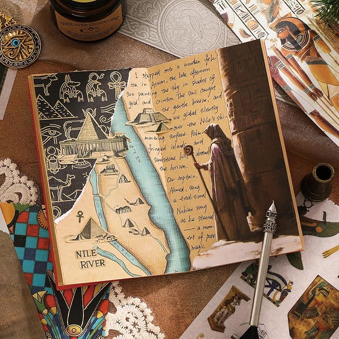 Egyptian Theme Sticker Book, 30 Sheets 300+ Pcs Vintage Aesthetics Stickers & 20 Sheets Washi Paper for Journaling Scrapbooking Bullet Journals Planners Letter Card Making