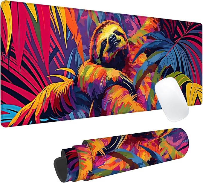 Colorful Sloth Gaming Mouse Pad, Office Desk Mat, Anti-Slip Rubber Base Cool Aesthetic Mouse Pads for Computer Laptop Keyboard School Home Desktop Gamer Home Accessories Decor 31.5" x 11.8"