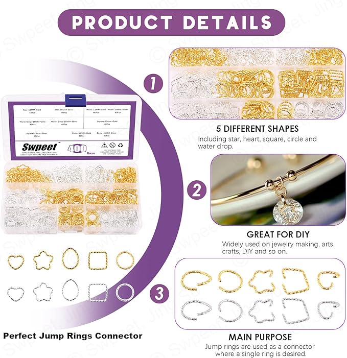 Swpeet 400Pcs Gold and Sliver 12mm 15mm 16mm 18mm 5 Styles Open Jump Rings Assortment Kit, Plum Bossom/Water Droplets/Heart/SquareIron O Rings Connectors Jewelry Findings
