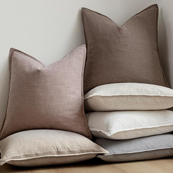 Foindtower Set of 2, Decorative Linen Soild Throw Pillow Covers Soft Accent Euro Cushion Case Boho Farmhouse Pillowcase for Chair Couch Sofa Bedroom Living Room Home Decor 16 x 16 Inch Dusty Pink