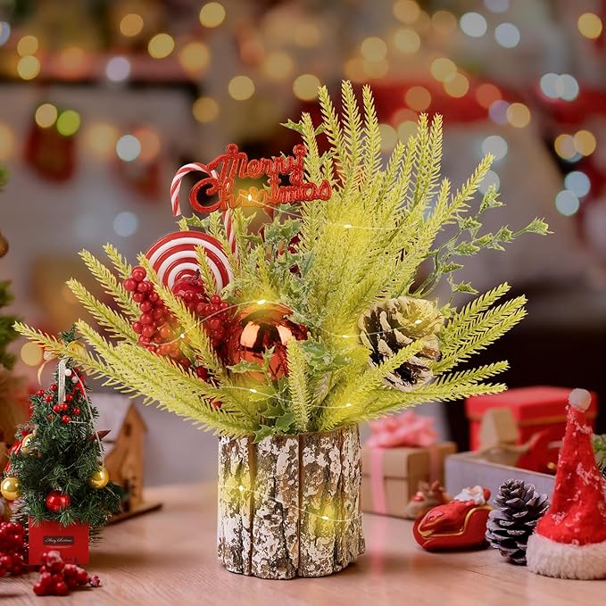 Small Table Top Christmas Tree with Lights, Mini Christmas Tree Decorations with Merry Christmas Candy Canes Pine Cones Berries Balls Ornaments for Home Party Centerpiece Decor, 12Inch, Green