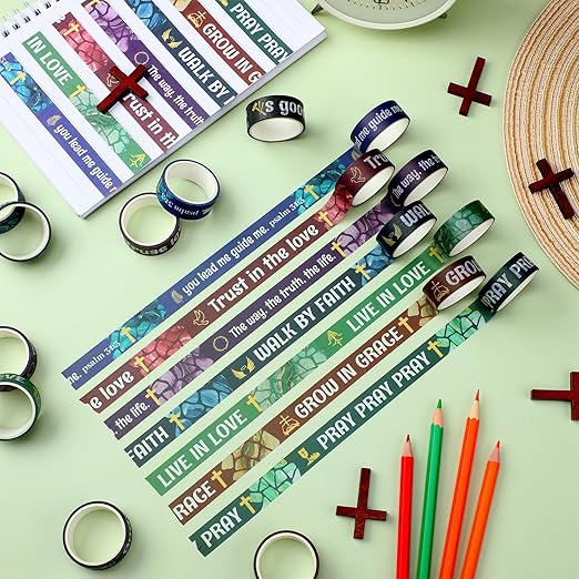 Janlaugh 24 Rolls Christian Washi Tape Gifts Bulk Religious Inspirational Scripture Supplies Bible Verse Tape for Bible Study Journaling Crafting Christmas Stocking Stuffers Gift(Cross)