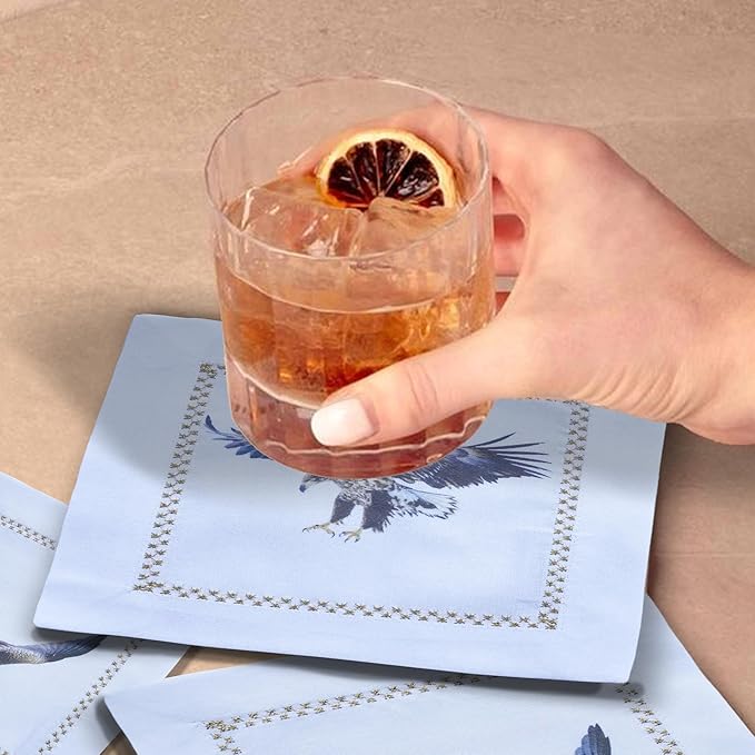 Cocktail Napkins Set of 6, 6x6 inch, 100% Pure Cotton, Printed Animal Pattern, Reusable & Washable Cloth Coasters for Beverages, Hosting, Gifting & Everyday Use (Eagle - White)