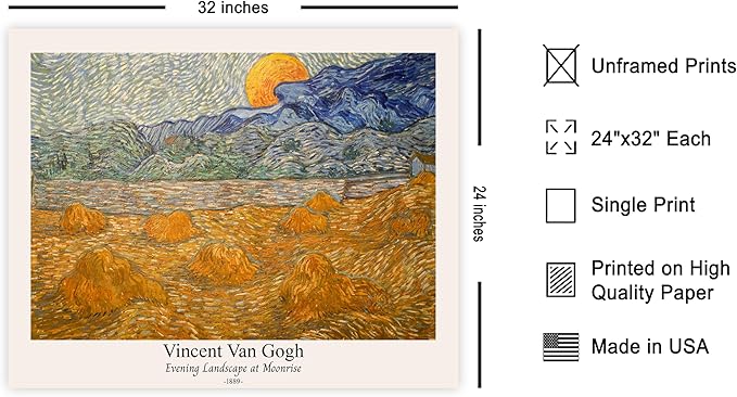 Monem Art Vintage Van Gogh Poster - Retro Evening Landscape at Moonrise Print - Impressionism Art - Fine Art - Classic Painting Art - Aesthetic Living Room Wall Decor - 24x32 UNFRAMED Wall Art
