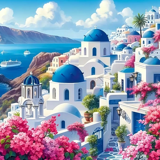 CSZPPQAF 5D Diamond Painting Kits for Adults, Santorini Coast Landscape Diamond Art Kits for Adults Beginner, DIY Full Drill Gem Art Paint by Diamonds Dots Crafts Kits for Home Decor 13.7x13.7Inch