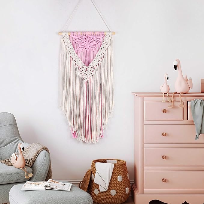 LB Macrame Wall Hanging, Pink Butterfly Tapestry Wall Hanging Decor Boho Art Wall Decor Bohemian Handmade Yarn Macrame Wall Art for Living Room Apartment Office Backdrop,13" W x 25.6" L