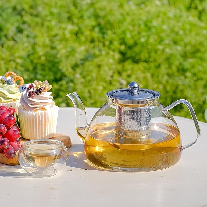1200ml/40 oz Glass Teapot with 4 Double Wall Teacups and Removable Stainless Steel Infuser, Tea Sets for Adults, Clear Tea Kettle Stovetop Safe for Loose Leaf and Blooming Tea,Gifts for Christmas