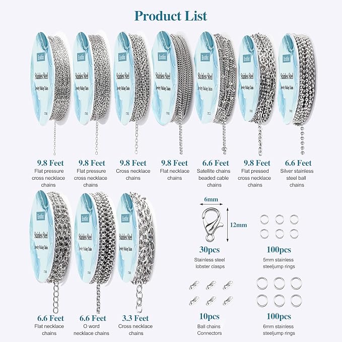 Necklace Chains for Jewelry Making, 78.7 Feet 10 Rolls Stainless Steel Jewelry Chains for DIY Necklace Bracelet Jewelry Making with Stainless Steel Jump Rings/Lobster Clasps/Connectors