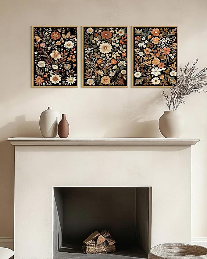 KUVIOKE Orange Vintage Flower Framed Wall Art Boho Floral Wall Decor Retro Wildflower Modern Art Prints Bedroom Living Room Home Decor 11x14in (Natural Framed)