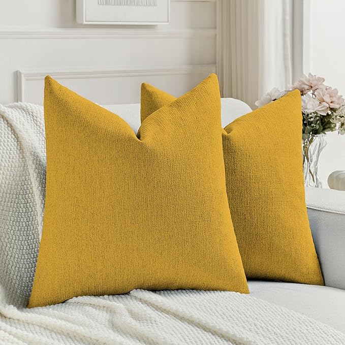 FUTEI Mustard Yellow Chenille Decorative Throw Pillow Covers 18x18 Inch Set of 2,Soft Cozy Faux Linen Textured Cushion Case,Farmhouse Home Decor for Couch Living Room