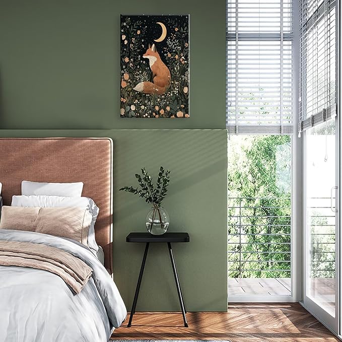 Fairytale Dreamy Fox Wall Art Vintage Moonlit Forest Floral Plant Night Canvas Poster Print Whimsical Nature Aesthetic Picture Decor for Nursery Living Room Bedroom Office 20x30inch Framed
