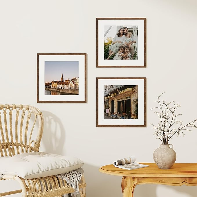 Dreamland 16x16 Picture Frame, 16 x 16 Square Photo Frame with Mat for 12x12, Natural Oak Wood Matted Picture Frames with Tempered Real Glass for Wall Art Photo and Prints, Walnut Color, Set of 3