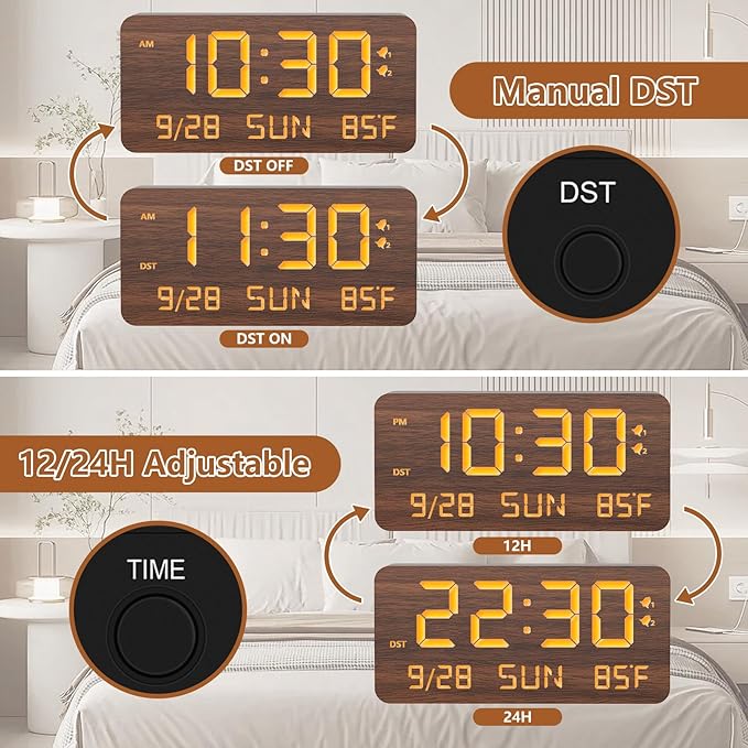 Wooden Digital Alarm Clock for Bedroom - Desk Clock with Date, Day of Week, Temperature, Dual Alarms, Dimmer, USB Port Charge, DST, Adjustable Volume for Living Room/Office Wood Decor (Brown)
