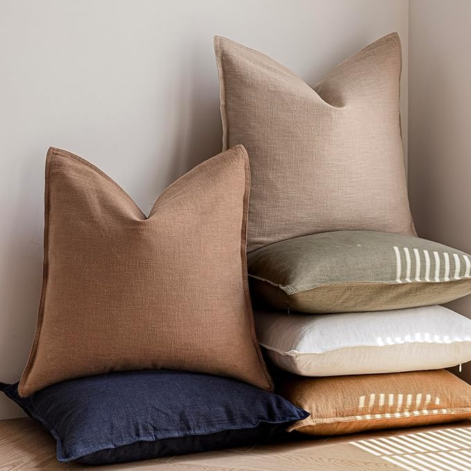 Foindtower Pack of 2, Decorative Linen Soild Throw Pillow Covers Soft Accent Cushion Case Farmhouse Neutral Pillowcase for Chair Couch Sofa Bedroom Living Room Home Decor 20 x 20 Inch Tan Beige