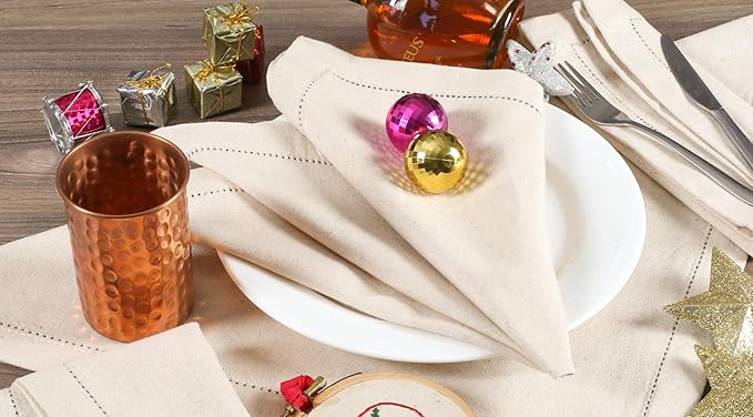 Lightnpro Flax Linen Napkins Set of 12, Hemstitched Dinner Cloth Napkins, Washable and Reusable for Dining, Parties, Weddings, Holiday & Everyday Use – 18x18 Inch Natural Color