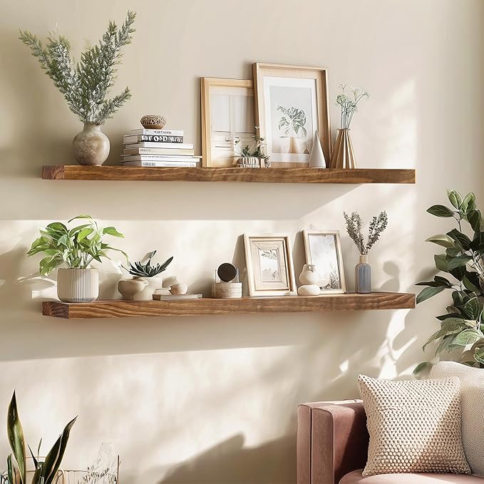 Floating Wall Shelf 48x6.8x1.7 Inch – Solid Wood Shelf in Dark Oak Finish – Extra Long Wall Mounted Rustic Display Shelf for Living Room, Kitchen, Bedroom, Office – Set of 2