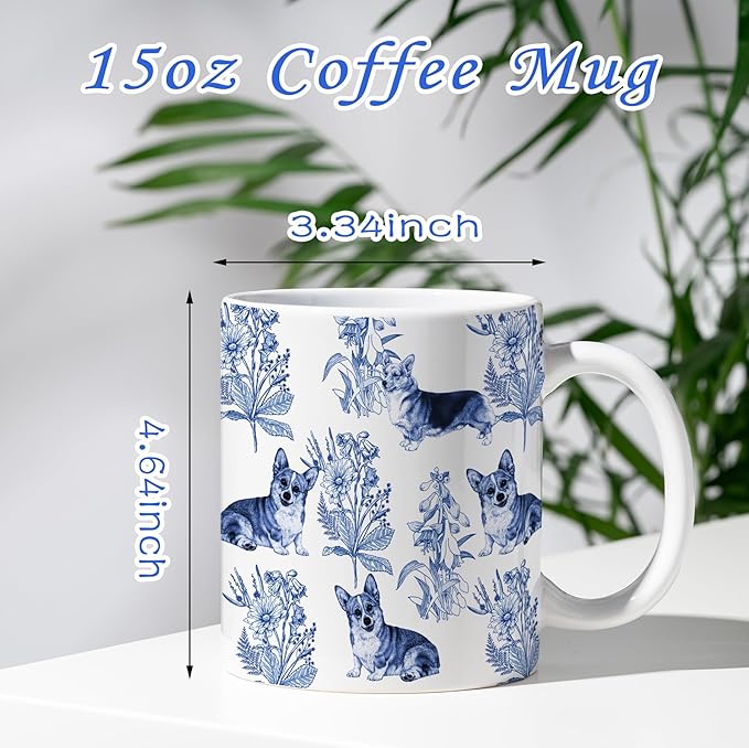 Corgi Blue French Toile Coffee Mug, Corgis Lover Gifts for Women, Blue Toile Coffee Cup for Corgi Mom, Dog Lovers Tea Coffee Mug Birthday Gifts for Dog Owners, 15 oz