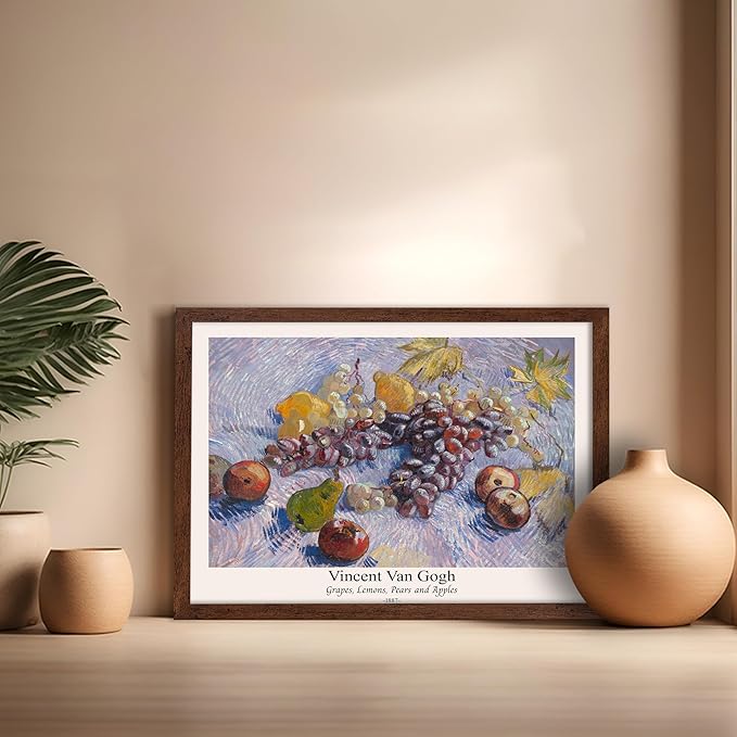Monem Art Vintage Van Gogh Poster - Retro Grapes Lemons Pears and Apples Print - Impressionism Art - Fruit Art - Fine Art - Classic Painting Art - Great Kitchen Decor - 16x20 Brown Framed