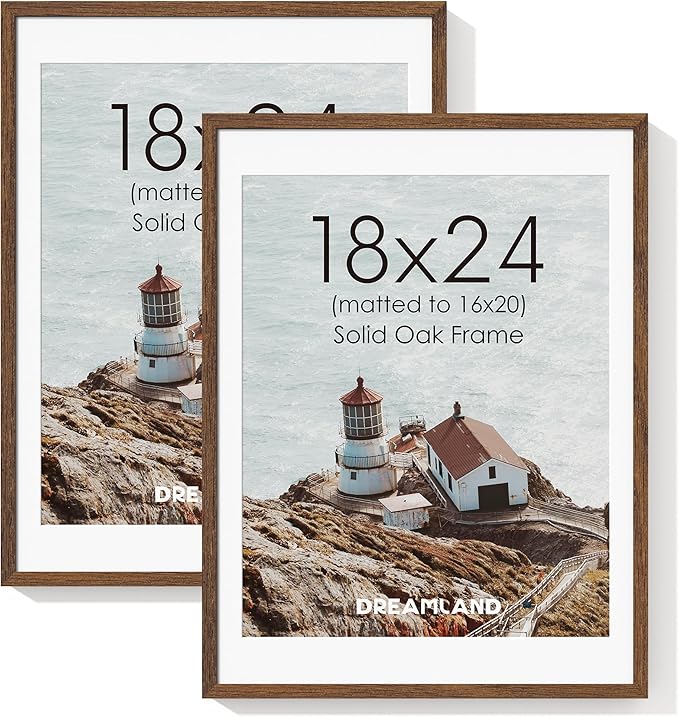 Dreamland 18x24 Picture Frame, Natural Oak Wood Poster Frame with Mat for 16x20, 18 x 24 Matted Picture Frames with Tempered Real Glass for Wall Art Photo and Prints, Walnut Color, Set of 2