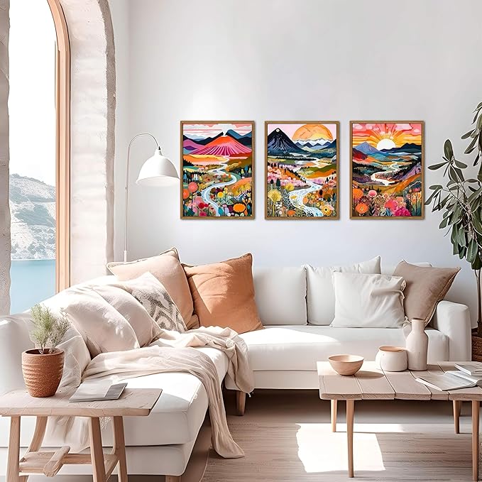Floating Framed Boho Colorful Wall Art, Abstract Watercolor Mountain Landscape Wall Decor Painting Set of 3, Modern Flower Aesthetic Posters Prints for Living Room Bathroom Bedroom 12x16 Inch