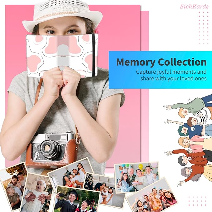Mini Photo Album 2x3,60 Photos Capacity,PU Leather Cover with Elastic Band,High Definition Waterproof PP Pages for Family Wedding Anniversary Baby Record,Pink cow