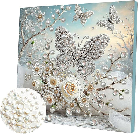 DIY Pearl Painting Kit with Wooden Frame, 3D Plastic Pearl Gemstone Ocean Art Craft for Adults Beginners, Diamond Art Kits for Adults, Home Wall Decor Ready Gift for Women(Butterfly Garden)(30*30cm)
