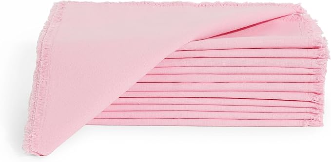 Lightnpro Cotton Napkins Set of 12, Beautiful Handmade Fringe Dinner Cloth Napkins, Washable and Reusable for Dining, Parties, Weddings, Holiday & Everyday Use - 18x18 Inch Baby Pink